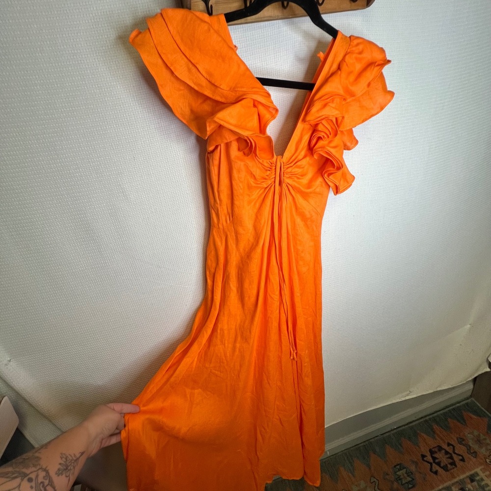 VTCH Vicky Tcherassi Orange Linen Ruffle V-Neck Midi Dress Made in Colombia S